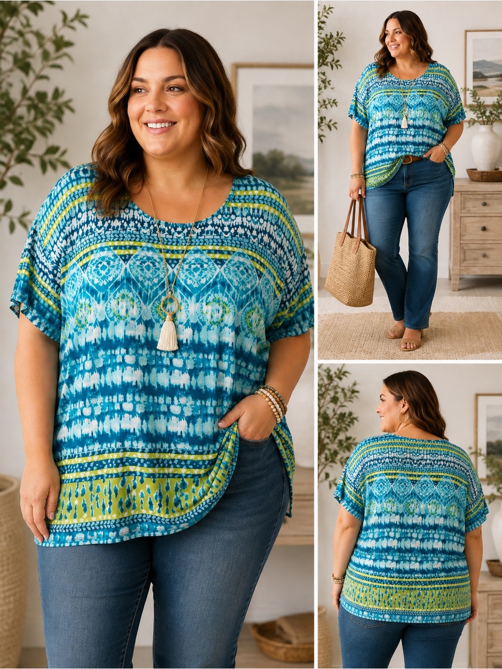 Susan Graver Teal, Aqua and Yellow Patterned Short Sleeve Tee 007